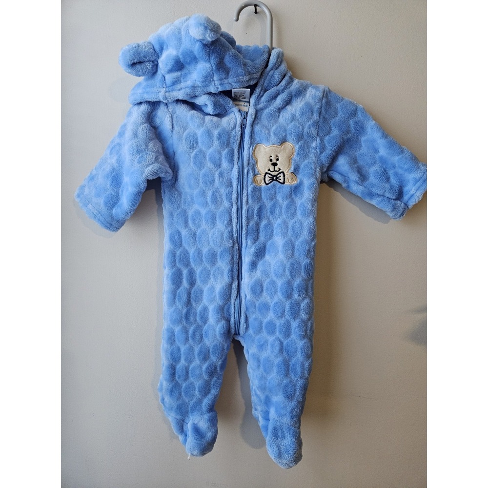 Comfy Isle 3–6M Fuzzy Hooded Footed Romper Baby Blue Teddy Bear Bubble FleeceZip